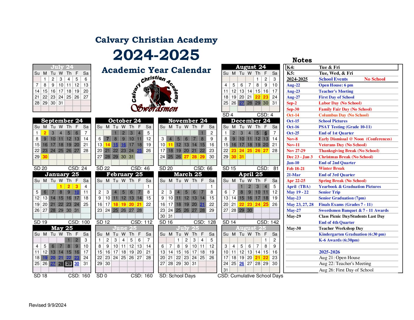 School Calendar CCA 2024-25