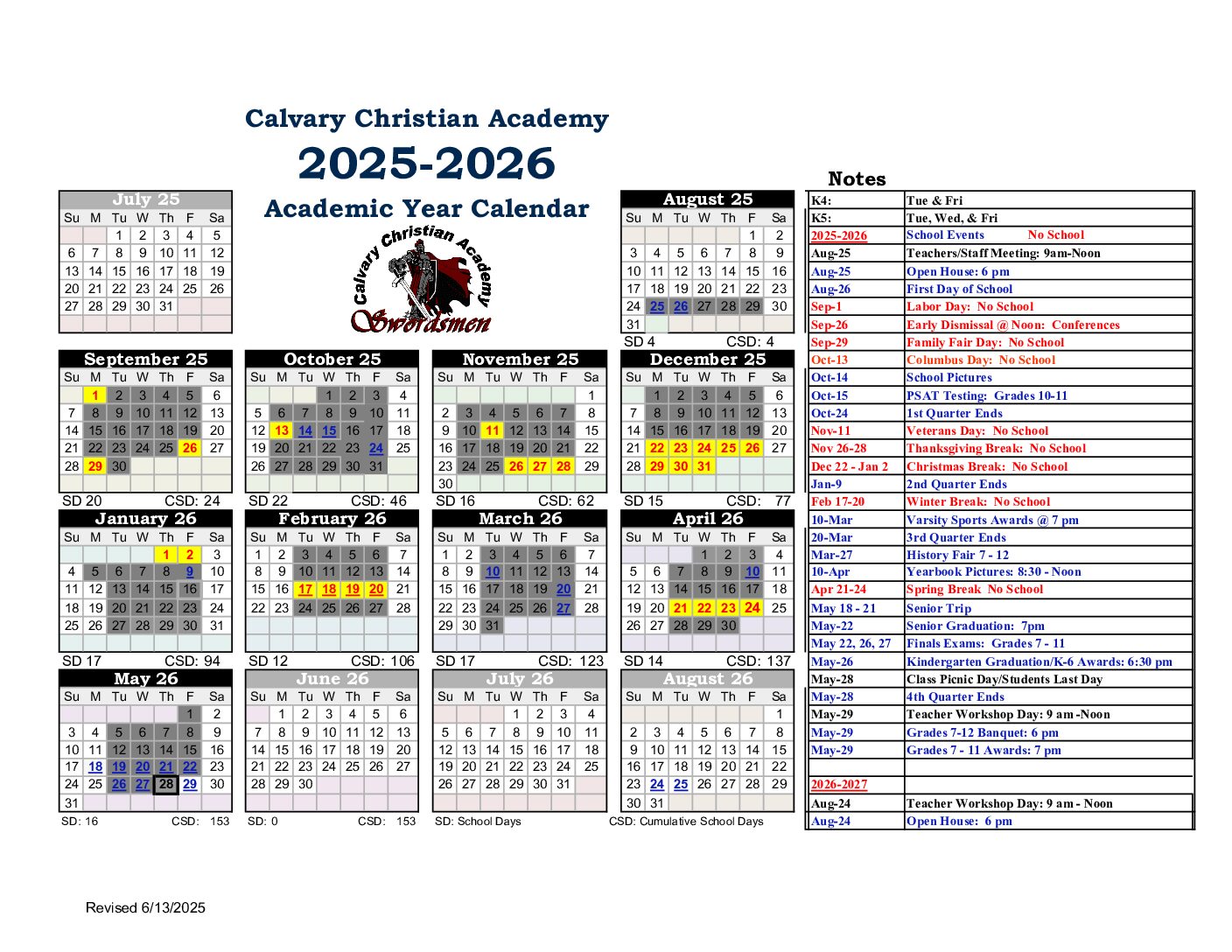 School Calendar CCA 2025-26